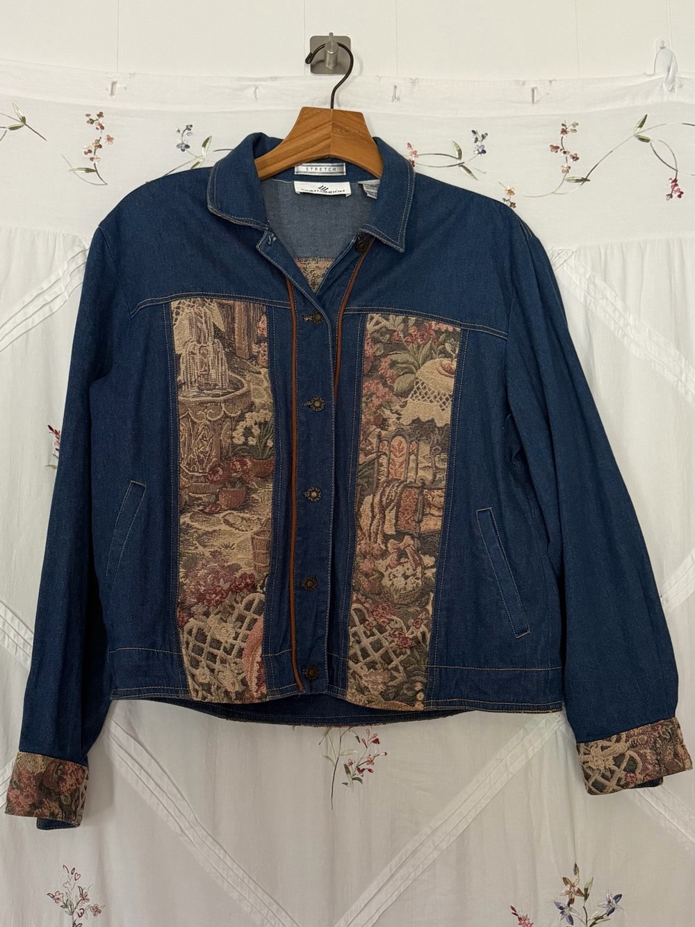 Denim Jacket with Tapestry Panels - Blue and Multicolor